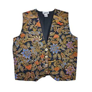 Vintage 90s Waistcoat Vest SZ 8 Floral Beaded Gold Buttons Maximalist Boho